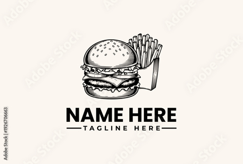 A black and white illustration of a hamburger with fries in a cup on a beige background with placeholder text for a logo or brand name.