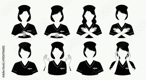 Medical Nurses Black and White Glyph Icons Set. Female Healthcare Professional Avatars