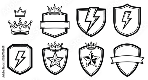 Royalty, Security  Awards: Black and White Vector Icons with Crowns, Shields, Stars