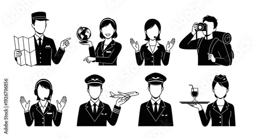 Travel Tourism  Aviation Professionals Glyph Icons Set - Black White