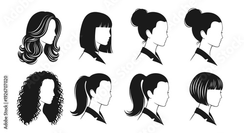 Beauty Industry: Female Hairstyles Silhouettes Vector Art. Hair Care  Fashion Icons.