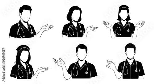 Black  White Medical Healthcare Glyph Icons: Faceless Doctors, Nurses with Stethoscopes Gesturing.