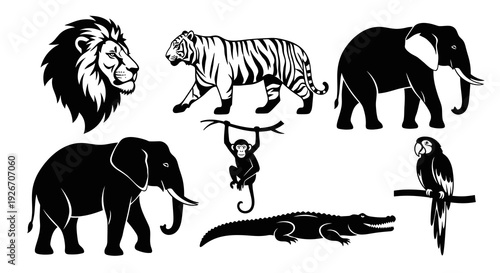 Safari  Jungle Animals Black and White Silhouette Vector Icons