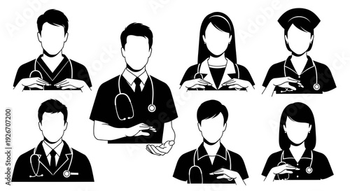 Medical Professionals Avatars Set: Doctors, Nurses  Stethoscopes. Black  White Glyph.