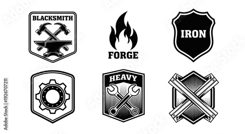 Black  White Industrial Badges: Metalworking Tools, Forge  Mechanical Emblems Vector Set