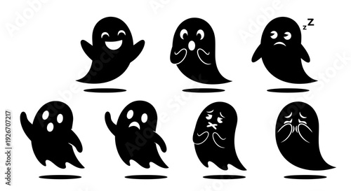Cute Cartoon Ghost Characters Flat Glyph Icons Set for Halloween Emotions
