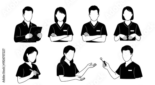 Medical Healthcare Professionals Glyph Icons Set - Doctors, Nurses, Staff Black White Line Art