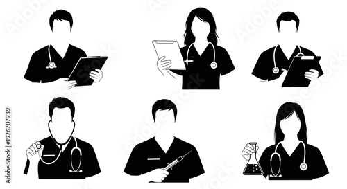 Healthcare Medical Professionals Black and White Glyph Vector Icons Set