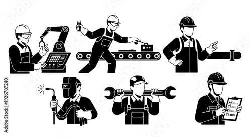 Black and White Glyph Set of Industrial Workers: Manufacturing, Engineering, and Construction Icons.