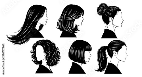 Beauty  Fashion Vector Line Art: Women's Diverse Hairstyles Collection Black  White