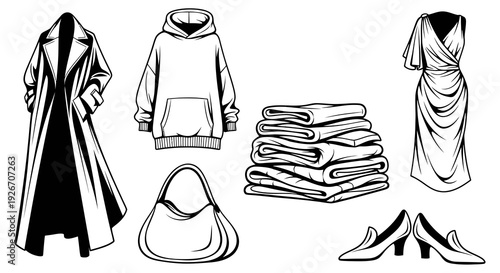 Black  White Line Art Fashion Clothing  Accessories Set: Coat, Dress, Hoodie, Bag, Shoes