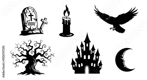 Halloween Spooky Gothic Elements Vector Silhouette Icons Set in Black and White