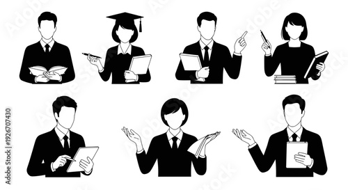 Education  Business People Icons: Flat Black  White Vector Glyphs Set