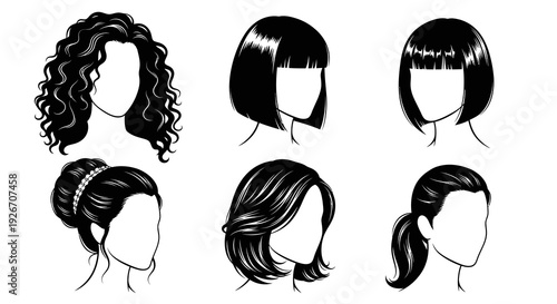 Black and White Vector Female Hairstyles Collection for Beauty and Fashion Design
