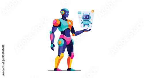 Colorful humanoid robot presenting a smaller robotic interface in its hand