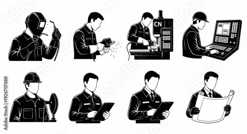 Industrial Manufacturing Workers  Engineers Black  White Line Art Set