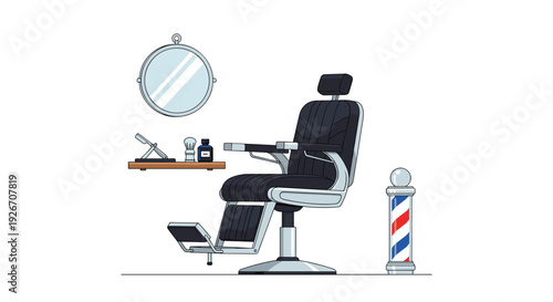 A vintage style black leather barber chair stands next to a traditional striped pole and a wall mounted circular mirror.