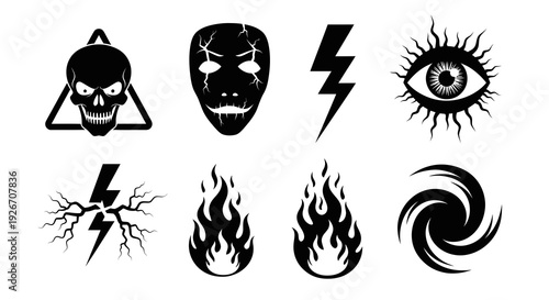 Dark Mystical Warning Symbols Vector Set. Skull, Eye, Fire, Lightning, Mask Glyphs.