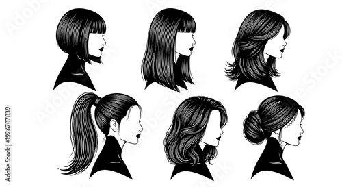 Hairdressing  Beauty: Female Hairstyles Profile Set in Black  White Line Art
