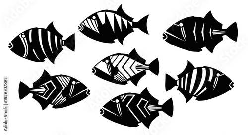 Black and White Graphic Stylized Tropical Fish Vector Icons - Marine Life Art