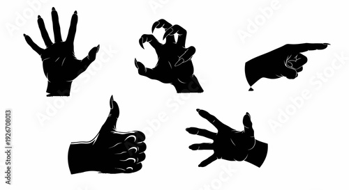 Black and White Vector Silhouette Monster Hand Gestures for Halloween and Horror