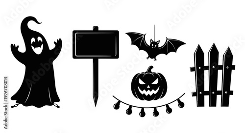 Halloween Celebrations Flat Black  White Silhouette Icons Set