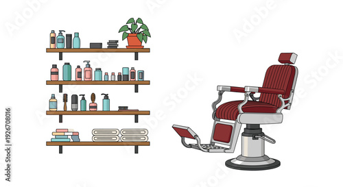 A maroon upholstered barber chair is positioned beside a set of wooden shelves filled with various grooming products and towels.