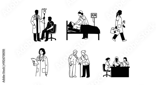 Medical Healthcare Professionals and Patient Care Black  White Line Art Set