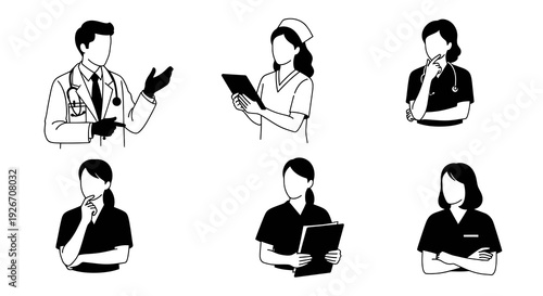 Healthcare Professionals Vector Icons Set - Doctor, Nurse, Medical Staff Black  White Line Art