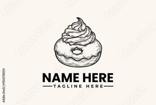 A black and white illustration of a donut with swirled frosting and a customizable text area for a logo or brand name on a plain background.