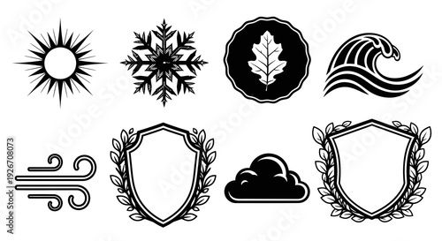 Nature and Weather Elements Symbols  Badges - Black White Vector Glyph Set