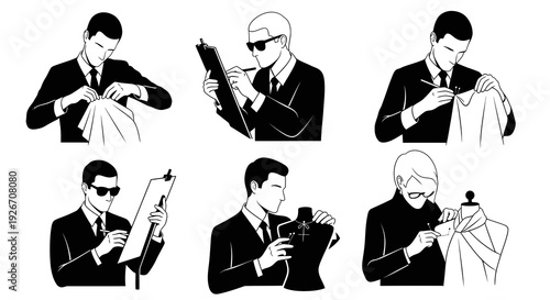 Professional Fashion and Tailoring Industry Black  White Line Art Vector Icons