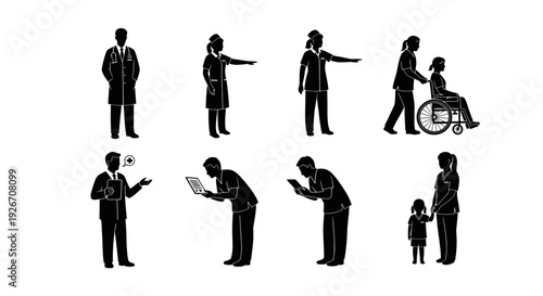 Medical Healthcare Staff and Patient Care Silhouette Icons. Doctor, Nurse, Digital Health