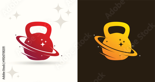 Kettlebell Fitness Galaxy Orbit Logo with Sparkle Ring Gradient Icon
