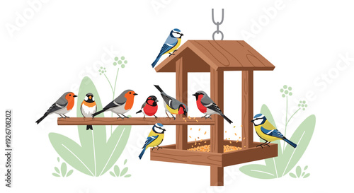 Multiple small birds including robins and tits gather on and around a wooden bird feeder to eat scattered yellow seeds.