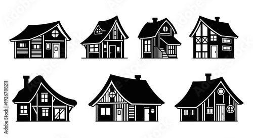 Architectural Housing Glyphs: Black  White Vector House Silhouettes  Cabin Icons