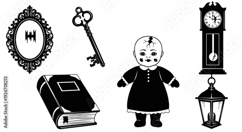 Horror Gothic Halloween Spooky Objects Black  White Glyph Vector Illustrations Set