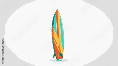 Colorful Surfboard Standing Upright on Floor.