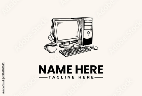 A black and white vector illustration of a computer, keyboard, and coffee cup with a placeholder logo and tagline on a plain background.