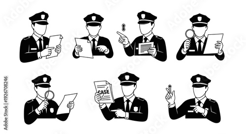 Law Enforcement Glyph Icons: Police Officers  Detectives Investigation Vector Set