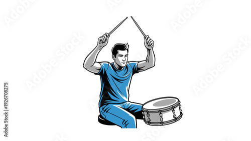 Man Playing Drum with Drumsticks Sitting.