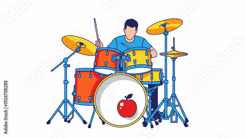 Man Playing Drum Set with Apple.