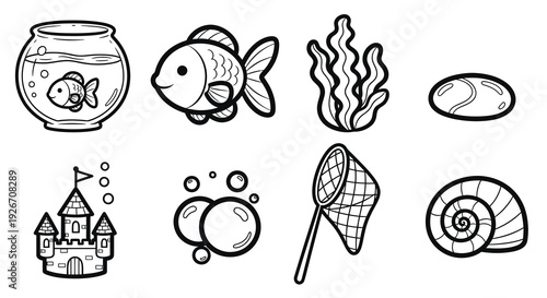 Black  White Line Art Cartoon Doodles: Aquarium Fish, Fishbowl, and Marine Accessories