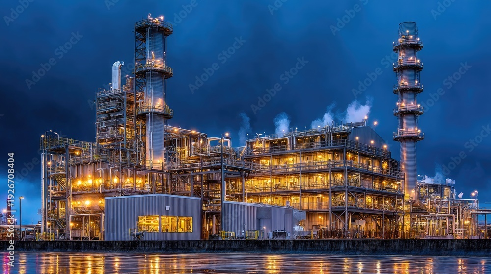 Fototapeta premium Industrial facility at dusk with bright lights reflecting on water, showcasing machinery, pipes, and structures against a dramatic cloudy sky