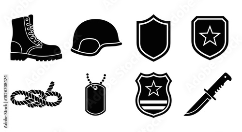 Military Police Security Glyph Icons Set - Combat Boot, Helmet, Badges, Knife