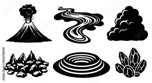Nature Geology Black White Vector Icons Set: Volcano, River, Cloud, Rocks, Crater, Crystals