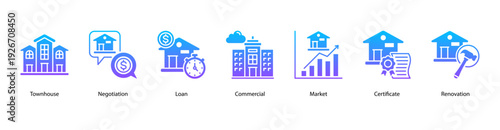 Real Estate Transactions web banner icon vector illustration featuring Townhouse, Negotiation, Loan, Commercial, Market, Certificate, and Renovation.