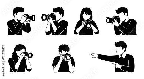 Photographers and Media Professionals with Cameras - Black  White Glyph Vector Icons