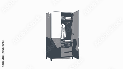 Modern Open Wardrobe with Clothes and Shoes.