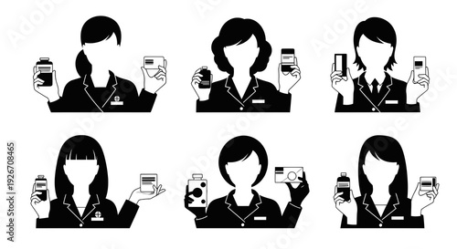 Black  White Flat Icons: Female Healthcare Professionals with Medicine Bottles  Boxes